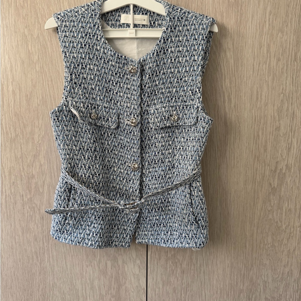 Zara Chic Tweed Sleeveless Vest with Belt